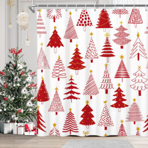 Mizhona Red Christmas Tree Shower Curtain Winter Theme Bathroom Curtain Set Decor 72"X72"